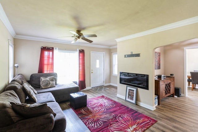 6420 Center St, Des Moines, IA 50312 - living room with wood finished floors, arched walkways, ceiling fan, and crown molding