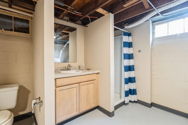 6420 Center St, Des Moines, IA 50312 - full bath with a stall shower, finished concrete floors, concrete block wall, and vanity
