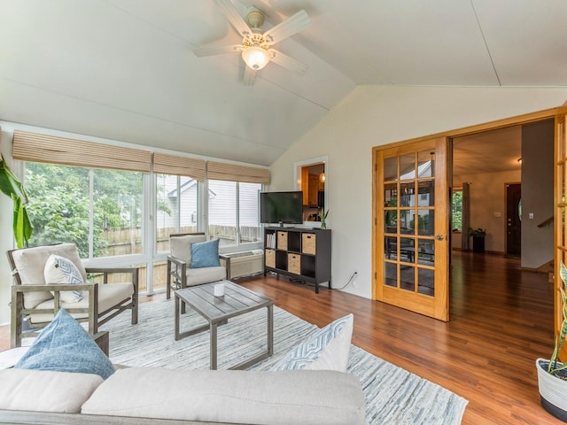 2015 NW 158th St, Clive, IA 50325 - living area featuring ceiling fan, plenty of natural light, lofted ceiling, and wood finished floors