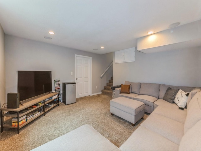 2015 NW 158th St, Clive, IA 50325 - carpeted living area featuring stairway and recessed lighting