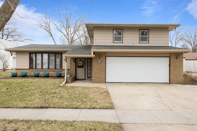 102 Kellogg Ave, Dallas Center, IA 50063 - split level home featuring brick siding, a garage, driveway, a front lawn, and roof with shingles