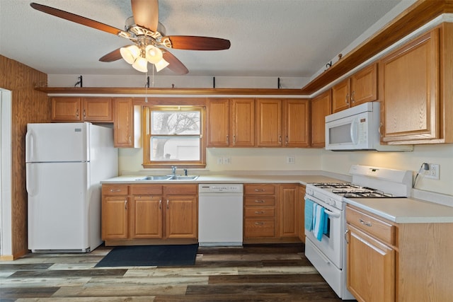 102 Kellogg Ave, Dallas Center, IA 50063 - kitchen with white appliances, light countertops, a textured ceiling, a ceiling fan, and dark wood-style floors