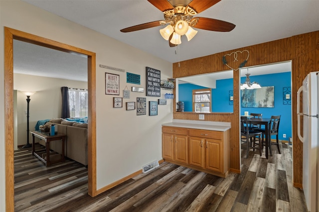 102 Kellogg Ave, Dallas Center, IA 50063 - kitchen with freestanding refrigerator, dark wood-style flooring, ceiling fan, and light countertops