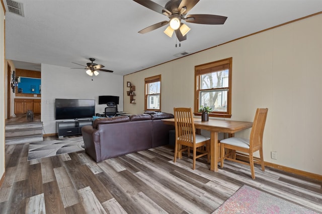 102 Kellogg Ave, Dallas Center, IA 50063 - living area featuring ceiling fan, dark wood-type flooring, and ornamental molding