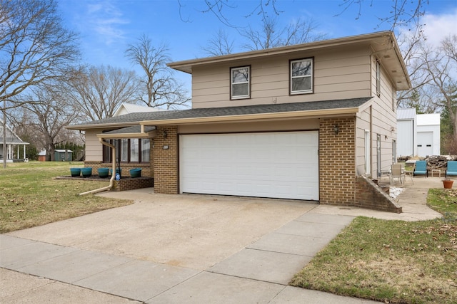 102 Kellogg Ave, Dallas Center, IA 50063 - view of front of home featuring brick siding, a garage, a front lawn, concrete driveway, and roof with shingles