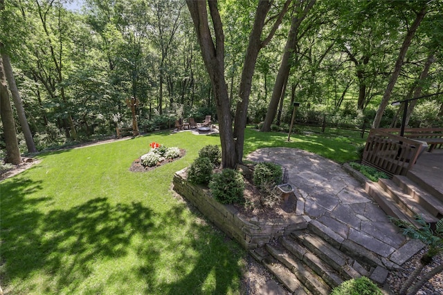 4210 Beaver Hills Dr, Des Moines, IA 50310 - view of grassy yard featuring a patio area and an outdoor fire pit