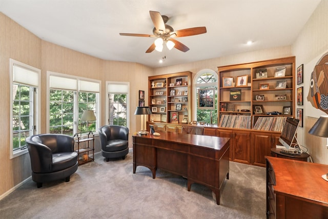 4210 Beaver Hills Dr, Des Moines, IA 50310 - office area with ceiling fan, plenty of natural light, light carpet, and wallpapered walls