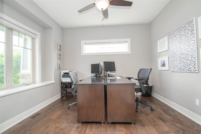 2416 NW Springbrooke Dr, Grimes, IA 50111 - office area with healthy amount of natural light, ceiling fan, and dark wood-type flooring