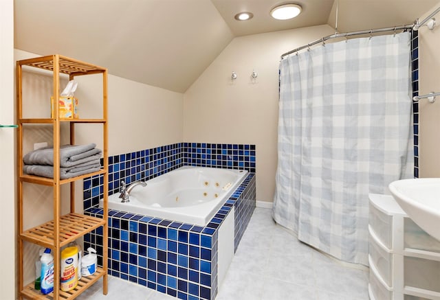 1808 60th St, Des Moines, IA 50322 - bathroom featuring a jetted tub, vaulted ceiling, curtained shower, and tile patterned floors
