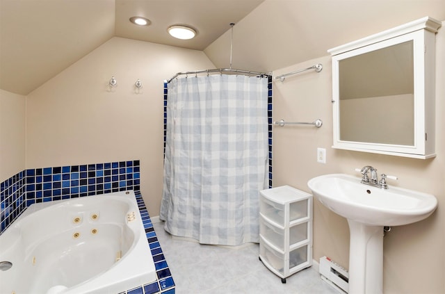 1808 60th St, Des Moines, IA 50322 - bathroom featuring lofted ceiling, a baseboard heating unit, a tub with jets, curtained shower, and tile patterned floors