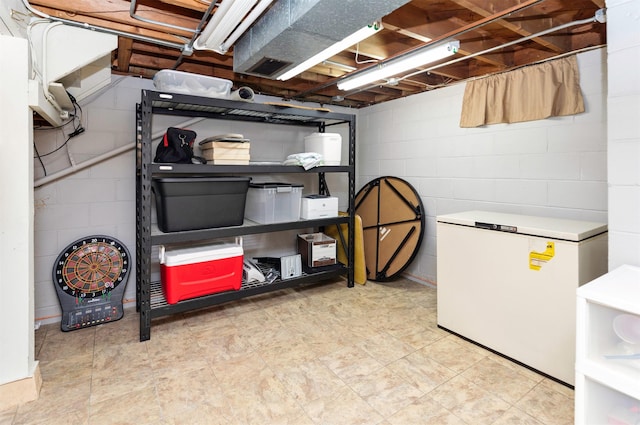1808 60th St, Des Moines, IA 50322 - unfinished basement featuring fridge and concrete block wall
