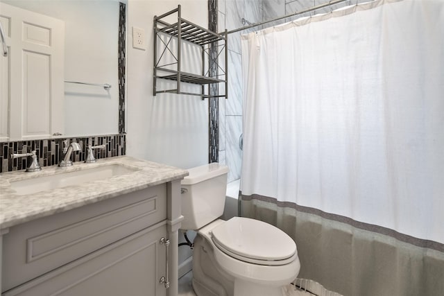 1329 63rd St, Des Moines, IA 50311 - bathroom featuring vanity, shower / bathtub combination with curtain, and backsplash