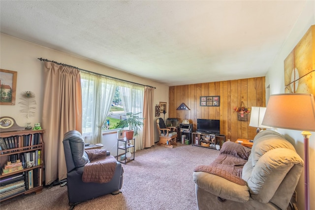 516 Walnut St, De Soto, IA 50069 - carpeted living room featuring wood walls