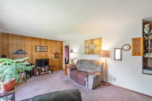 516 Walnut St, De Soto, IA 50069 - living room featuring carpet flooring and wooden walls