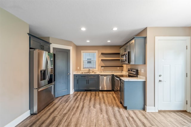 611 Court St, Adel, IA 50003 - kitchen with stainless steel appliances, light wood-style flooring, open shelves, and recessed lighting