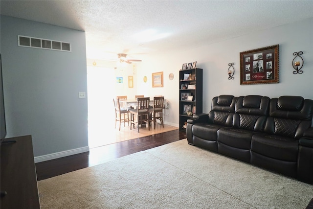 204 25th Ave SW, Altoona, IA 50009 - carpeted living area with a ceiling fan, wood finished floors, and a textured ceiling