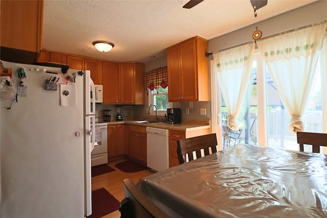 204 25th Ave SW, Altoona, IA 50009 - kitchen featuring white appliances, light countertops, light wood-style floors, a textured ceiling, and ceiling fan