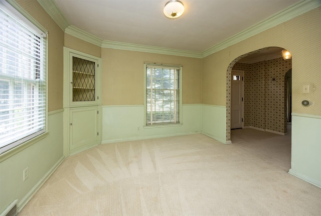 5800 Pleasant Dr, Des Moines, IA 50312 - spare room featuring arched walkways, ornamental molding, wainscoting, and light carpet