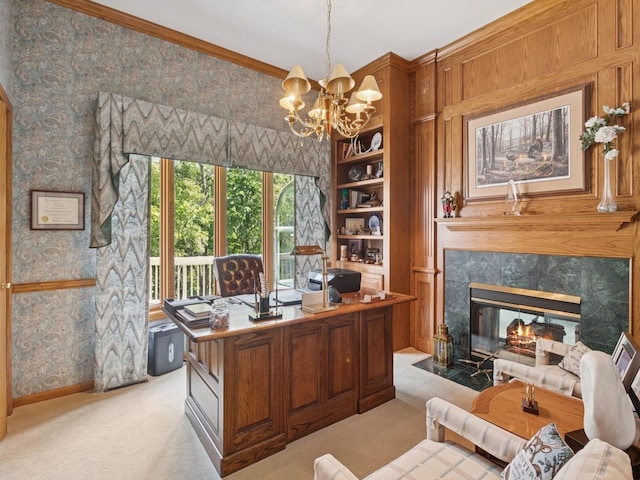 501 S 33rd St, West Des Moines, IA 50265 - office area with light colored carpet, a chandelier, ornamental molding, wallpapered walls, and a premium fireplace