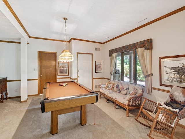 501 S 33rd St, West Des Moines, IA 50265 - rec room featuring light colored carpet, crown molding, and billiards table