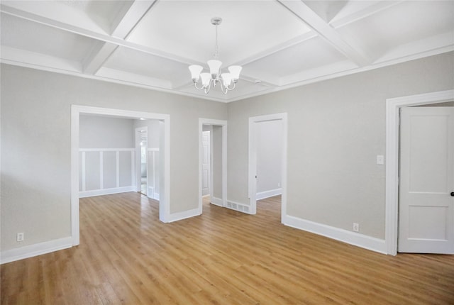 1418 33rd St, Des Moines, IA 50311 - unfurnished room featuring coffered ceiling, a chandelier, light wood-style floors, and beamed ceiling