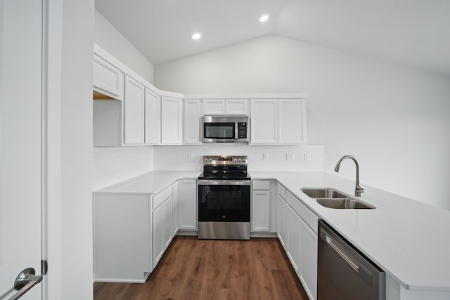 4270 Grover Woods Ln, Des Moines, IA 50317 - kitchen with stainless steel appliances, a peninsula, vaulted ceiling, tasteful backsplash, and light countertops