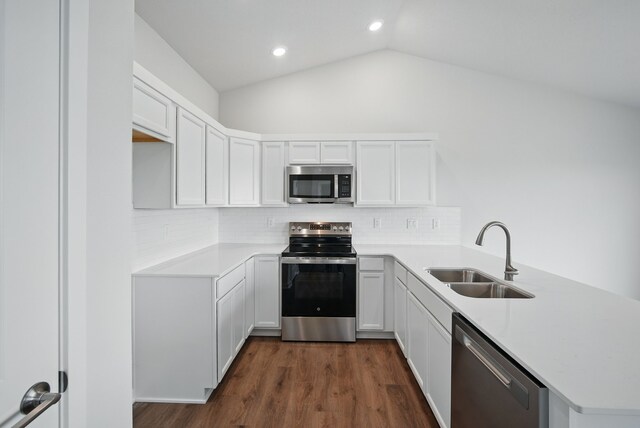 4270 Grover Woods Ln, Des Moines, IA 50317 - kitchen featuring stainless steel appliances, a peninsula, light countertops, vaulted ceiling, and decorative backsplash
