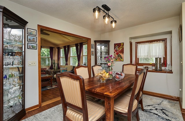 4718 71st St, Urbandale, IA 50322 - dining room with a textured ceiling, wood finished floors, and vaulted ceiling
