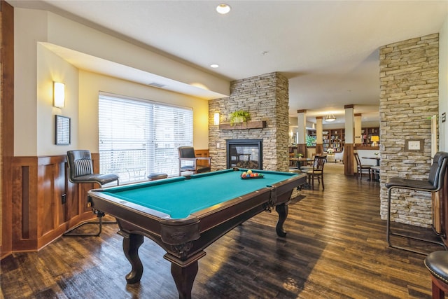 1250 SW Magazine Rd Unit 215, Ankeny, IA 50023 - playroom with wood finished floors, billiards, healthy amount of natural light, a fireplace, and wainscoting