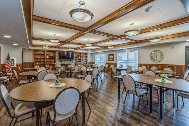 1250 SW Magazine Rd Unit 215, Ankeny, IA 50023 - dining area with a wainscoted wall, wood finished floors, beamed ceiling, and coffered ceiling