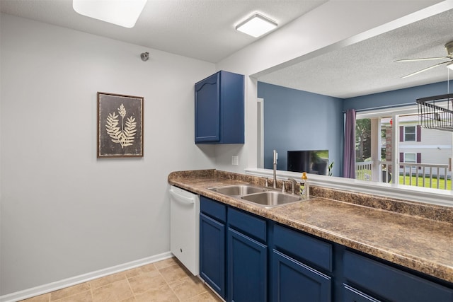 2128 NW 156th St Unit 31, Clive, IA 50325 - kitchen featuring blue cabinetry, white dishwasher, a ceiling fan, dark countertops, and a textured ceiling