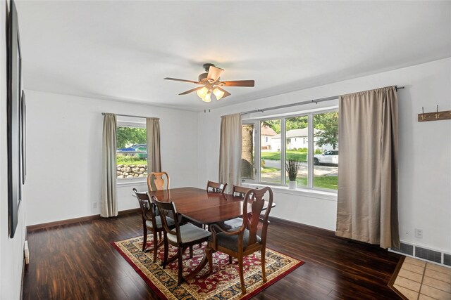 1034 66th St, Windsor Heights, IA 50324 - dining room featuring a ceiling fan and dark wood-style floors