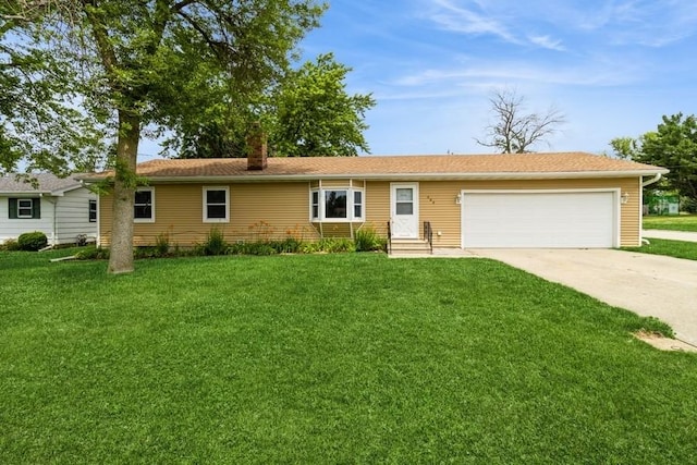 202 Harrison Ct, Baxter, IA 50028 - single story home featuring a garage, driveway, a front yard, and a chimney