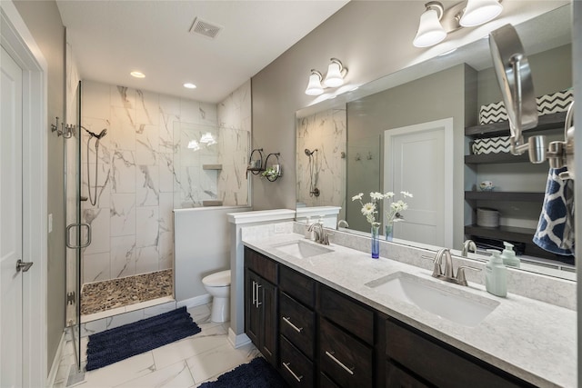 3210 NE 17th St, Ankeny, IA 50021 - full bathroom featuring marble look tiles, a marble finish shower, double vanity, and recessed lighting