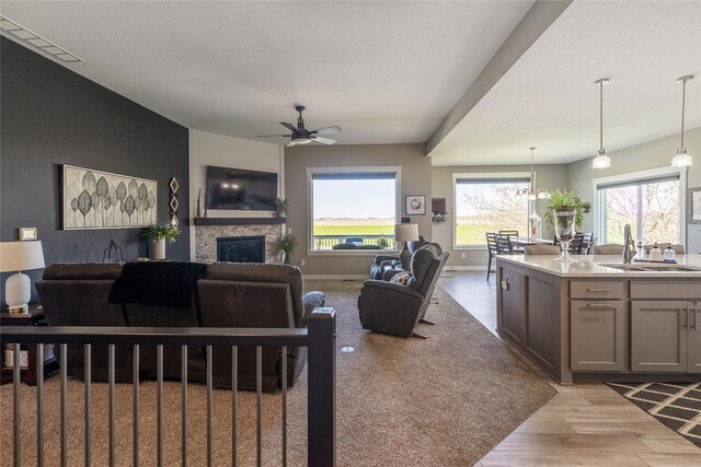 3210 NE 17th St, Ankeny, IA 50021 - living room featuring a glass covered fireplace, light wood finished floors, and a ceiling fan