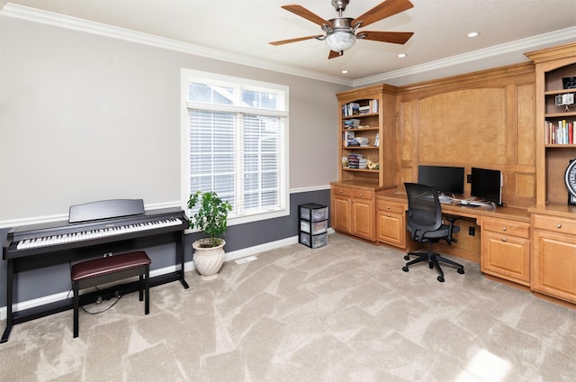 12602 Winston Ave, Urbandale, IA 50323 - office space featuring ceiling fan, crown molding, light carpet, built in study area, and recessed lighting