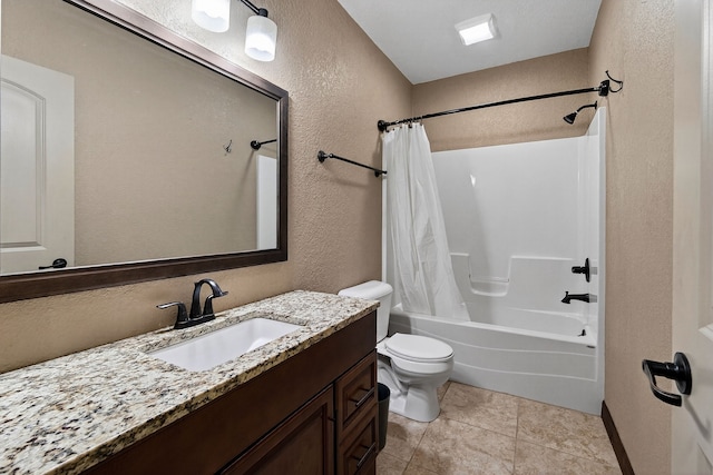 300 NW Sunset Ln, Grimes, IA 50111 - bathroom with a textured wall, vanity, shower / bathtub combination with curtain, and tile patterned flooring