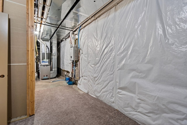 300 NW Sunset Ln, Grimes, IA 50111 - unfinished below grade area featuring heating unit, water heater, and carpet