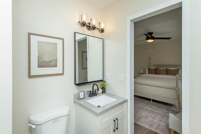 401 NE Harvey St, Grimes, IA 50111 - ensuite bathroom featuring vanity, a ceiling fan, and wood finished floors