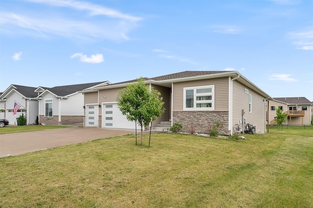 5397 Brook View Ave, Des Moines, IA 50317 - view of front of home with a garage, concrete driveway, a front lawn, and stone siding