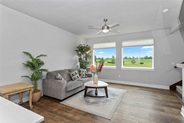 4669 171st St, Urbandale, IA 50323 - living area featuring healthy amount of natural light, ceiling fan, and wood finished floors