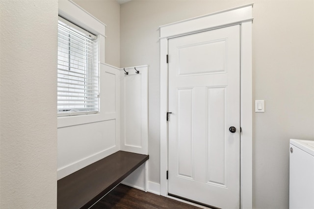 14335 Holcomb Ave, Urbandale, IA 50323 - mudroom featuring dark wood-type flooring and washer / clothes dryer