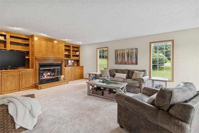 8001 Sheridan Dr, Urbandale, IA 50322 - living area with healthy amount of natural light, a glass covered fireplace, and light carpet