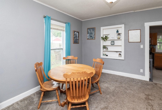 420 9th St, West Des Moines, IA 50265 - dining room featuring ornamental molding, a textured ceiling, and carpet