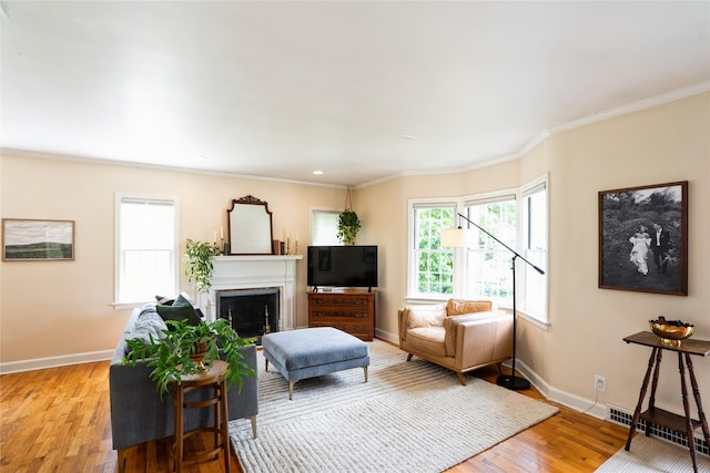 2625 38th St, Des Moines, IA 50310 - living area featuring light wood finished floors, ornamental molding, and a fireplace
