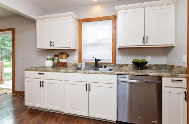 3948 43rd St, Des Moines, IA 50310 - kitchen with stainless steel dishwasher, dark wood-style floors, and white cabinets