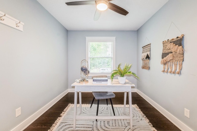 3817 80th St, Urbandale, IA 50322 - home office featuring a ceiling fan and dark wood-style flooring
