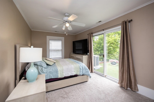 2418 Terrace Rd, Des Moines, IA 50312 - bedroom with access to outside, carpet flooring, multiple windows, ornamental molding, and a ceiling fan