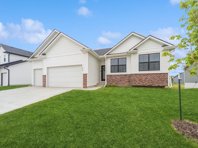 645 NW Prairie Rose Ln, Waukee, IA 50263 - view of front of home with brick siding, an attached garage, a front lawn, concrete driveway, and board and batten siding