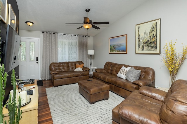 21 E Payton Ave, Des Moines, IA 50315 - living area with wood finished floors, ceiling fan, and vaulted ceiling